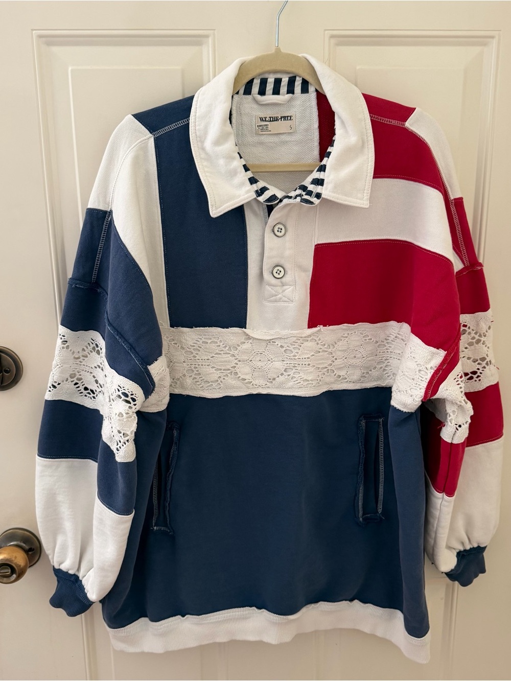 Free People We The Free American Dream Polo Lace Sweater Striped Oversized Sm - Picture 2 of 13